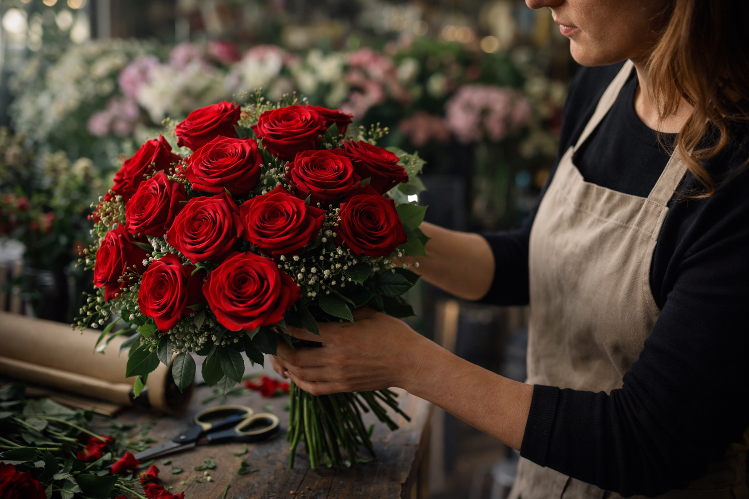 Florista preparando un arreglo de rosas